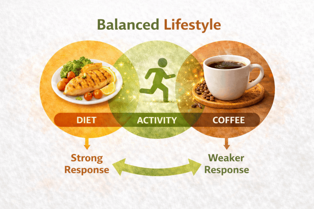 Balanced lifestyle illustration including diet, activity, and coffee.