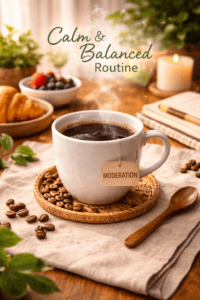 Calm coffee setting emphasizing moderation and routine