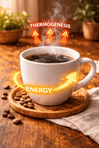 
Coffee cup with visual indicators of thermogenesis and energy