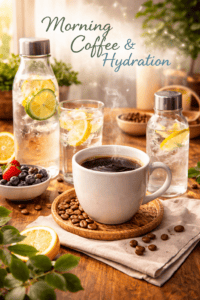 Morning coffee routine with hydration emphasis