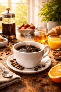 Morning coffee routine with sunlight