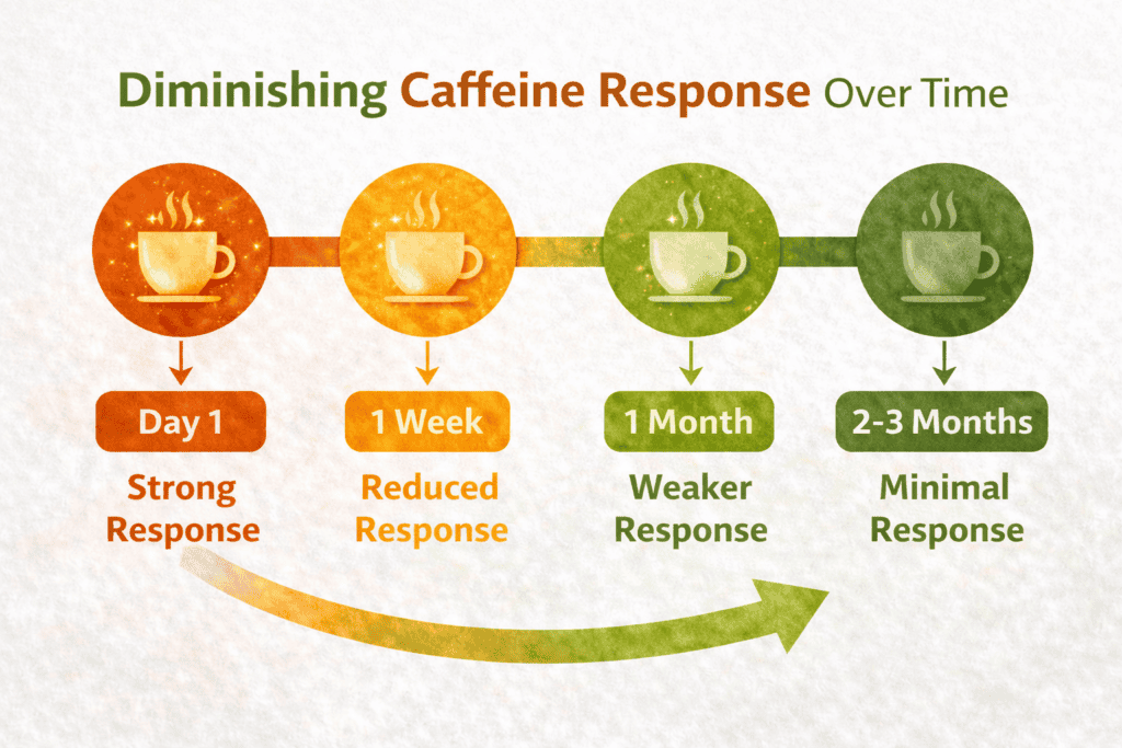 Timeline showing diminishing caffeine response over time